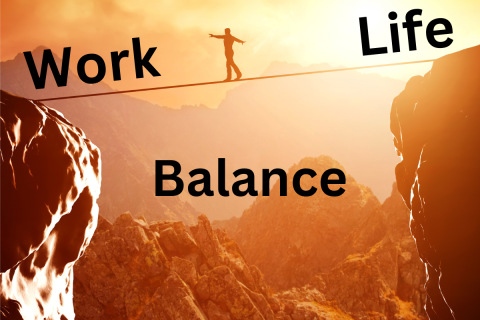 Man on tightrope elevated between two rocks with no safety net. The left rock is labeled work the right rock is labeled life. It the vast space below the man the word balance is written.