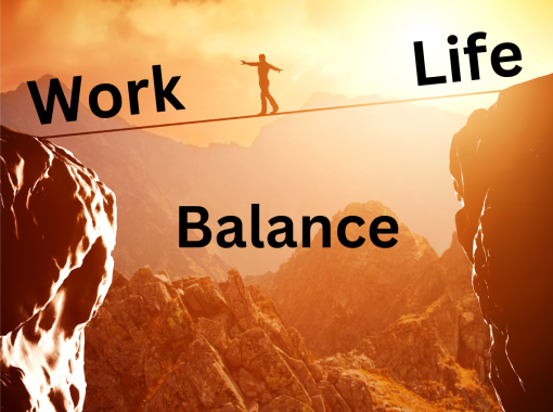 Man on tightrope elevated between two rocks with no safety net. The left rock is labeled work the right rock is labeled life. It the vast space below the man the word balance is written.